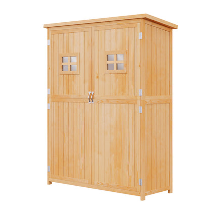 Wooden Garden Shed Outdoor Garden Tools Storage Cabinet Double Doors Waterproof Roof Different Size Compartments 127.5x50x164cm Natural
