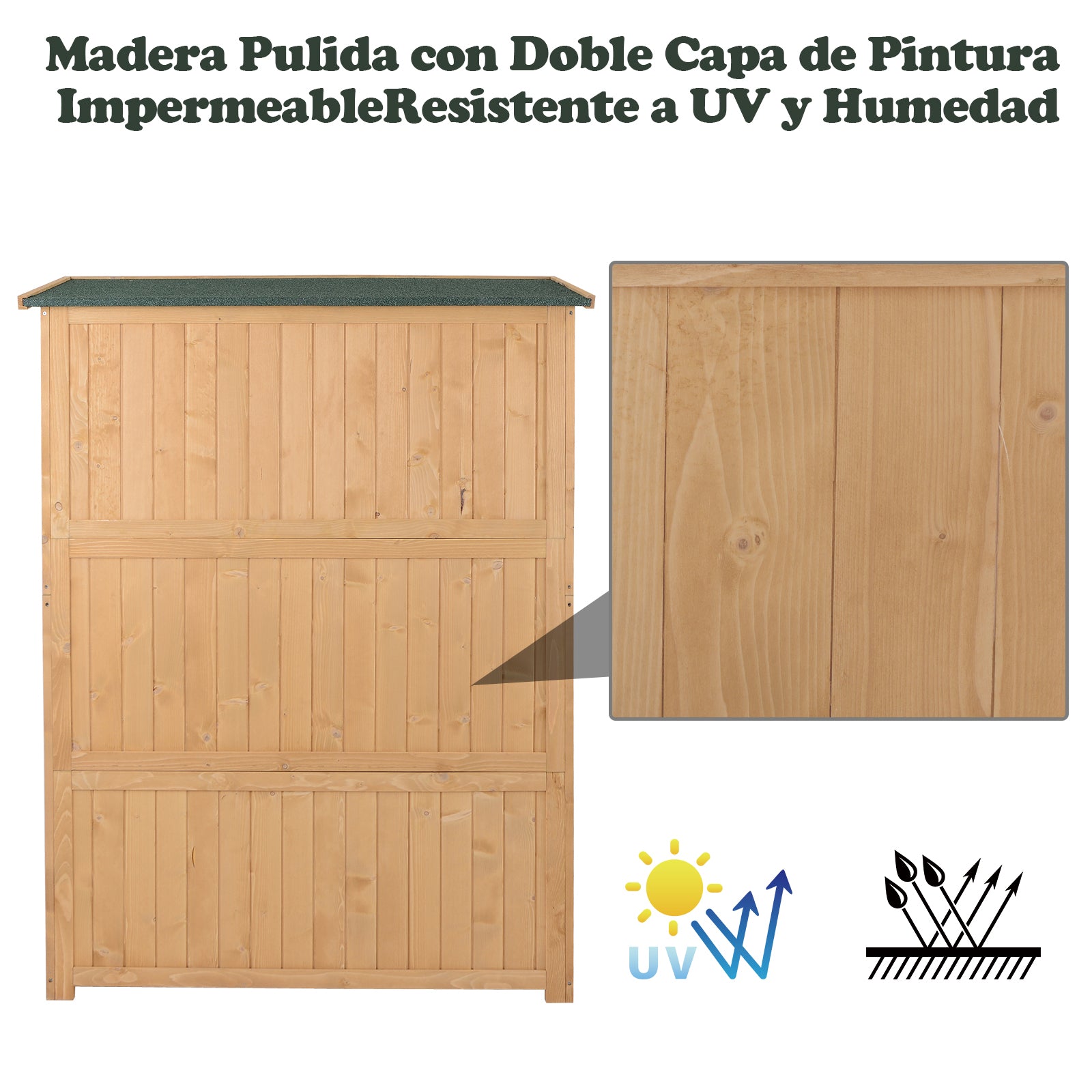 Wooden Garden Shed Outdoor Garden Tools Storage Cabinet Double Doors Waterproof Roof Different Size Compartments 127.5x50x164cm Natural