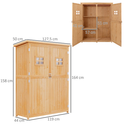 Wooden Garden Shed Outdoor Garden Tools Storage Cabinet Double Doors Waterproof Roof Different Size Compartments 127.5x50x164cm Natural