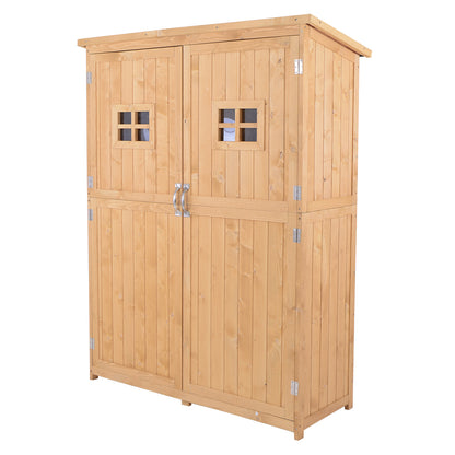 Wooden Garden Shed Outdoor Garden Tools Storage Cabinet Double Doors Waterproof Roof Different Size Compartments 127.5x50x164cm Natural