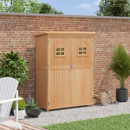 Wooden Garden Shed Outdoor Garden Tools Storage Cabinet Double Doors Waterproof Roof Different Size Compartments 127.5x50x164cm Natural