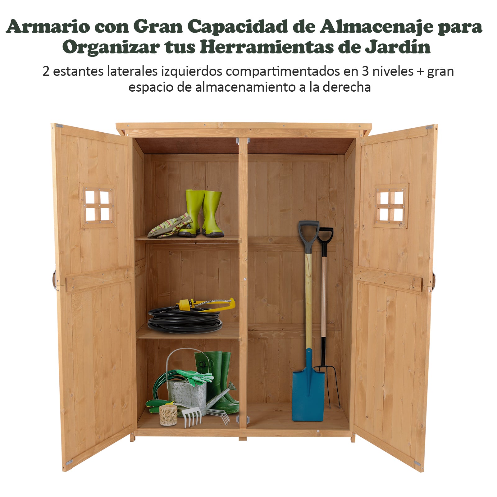 Wooden Garden Shed Outdoor Garden Tools Storage Cabinet Double Doors Waterproof Roof Different Size Compartments 127.5x50x164cm Natural