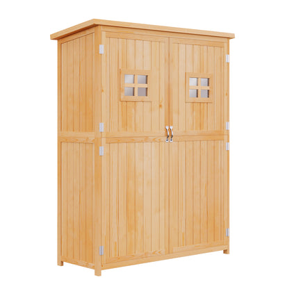 Wooden Garden Shed Outdoor Garden Tools Storage Cabinet Double Doors Waterproof Roof Different Size Compartments 127.5x50x164cm Natural