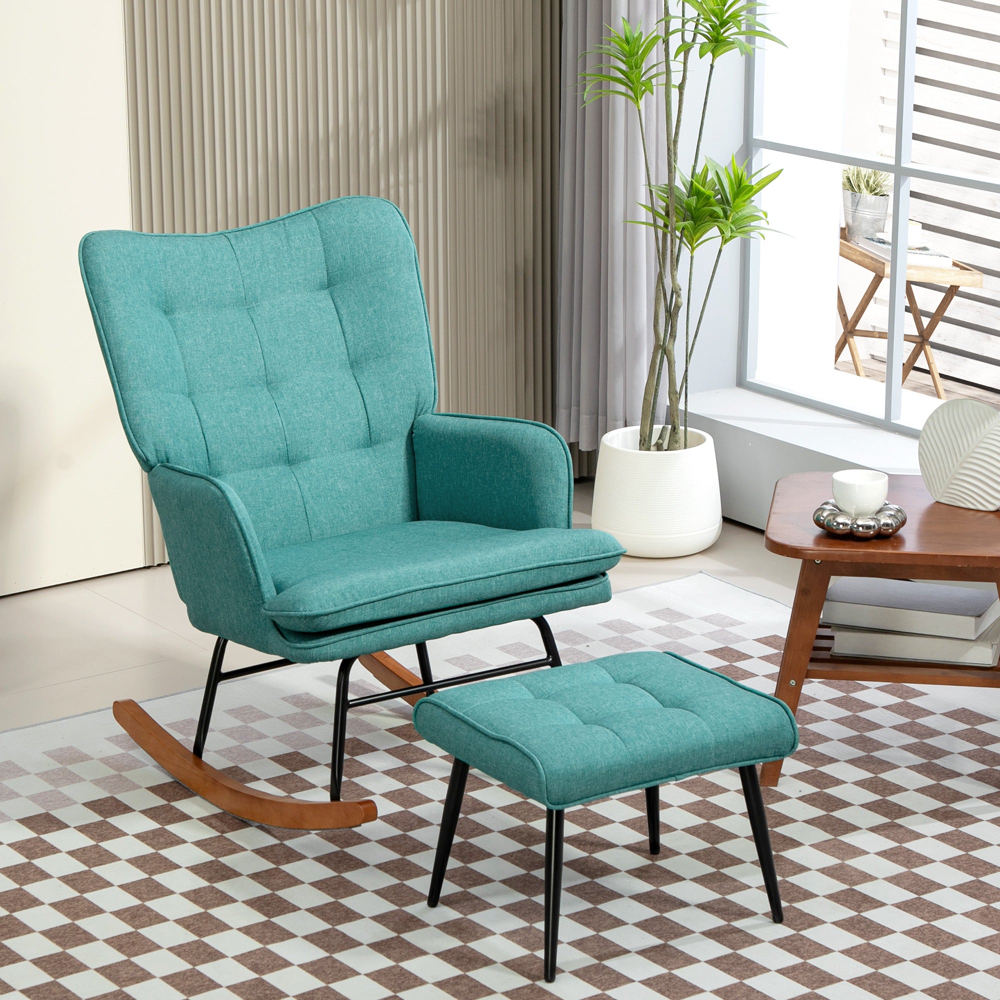 Rocking Chair Rocking Chair with Ottoman, Armchair, Nursing Chair with Linen Look, Rocking Chair up to 130 kg Weight Capacity for Bedroom, Living Room, Dark Green