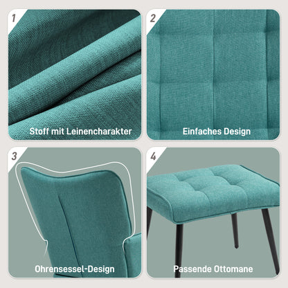 Schaukelstuhl Schwingsessel mit Hocker, Armlehnsessel, Sessel mit Leinenoptik, Schaukelsessel bis 130 kg Belastbarkeit für Schlafzimmer, Wohnzimmer, Dunkelgrün