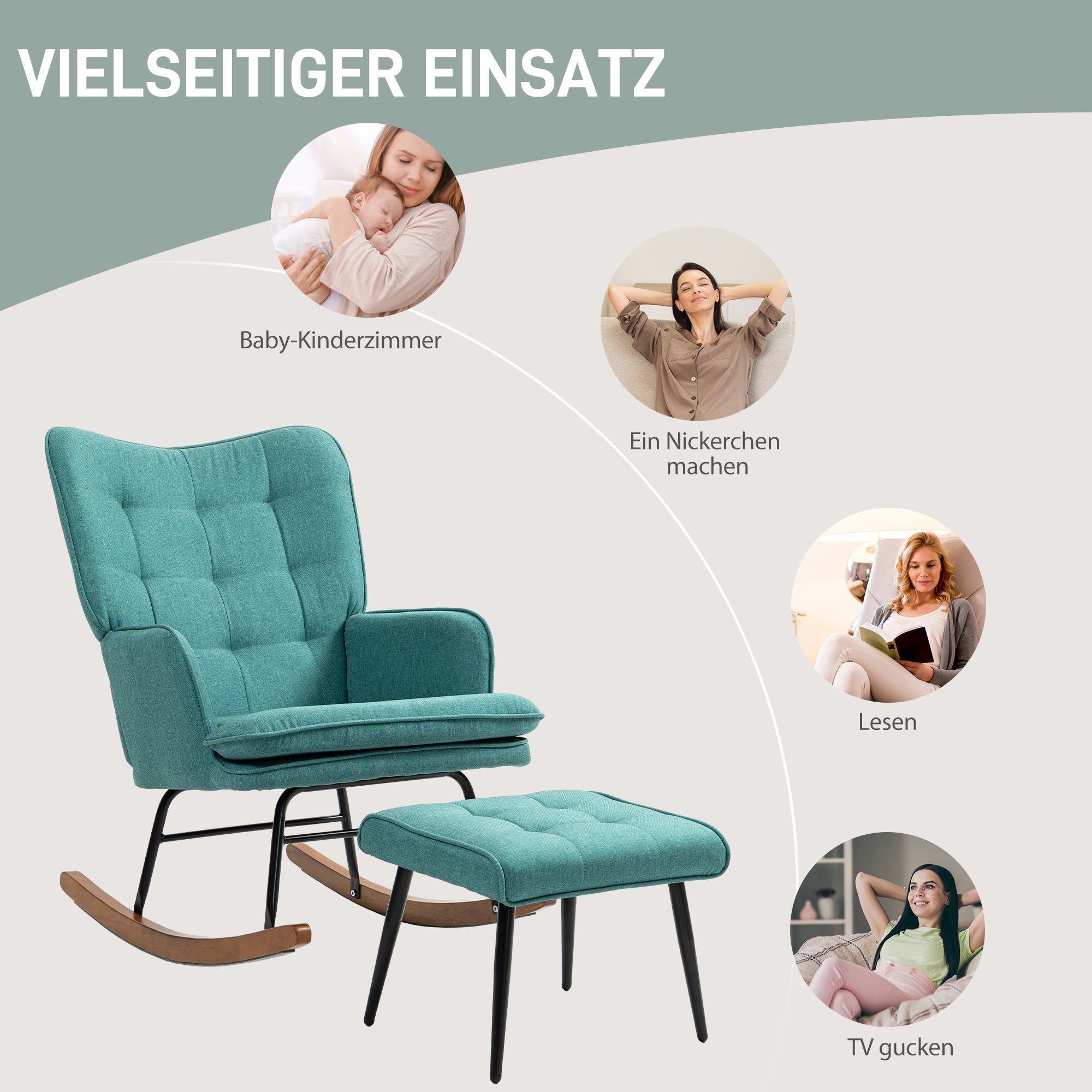 Rocking Chair Rocking Chair with Ottoman, Armchair, Nursing Chair with Linen Look, Rocking Chair up to 130 kg Weight Capacity for Bedroom, Living Room, Dark Green