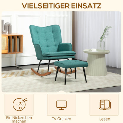 Schaukelstuhl Schwingsessel mit Hocker, Armlehnsessel, Sessel mit Leinenoptik, Schaukelsessel bis 130 kg Belastbarkeit für Schlafzimmer, Wohnzimmer, Dunkelgrün