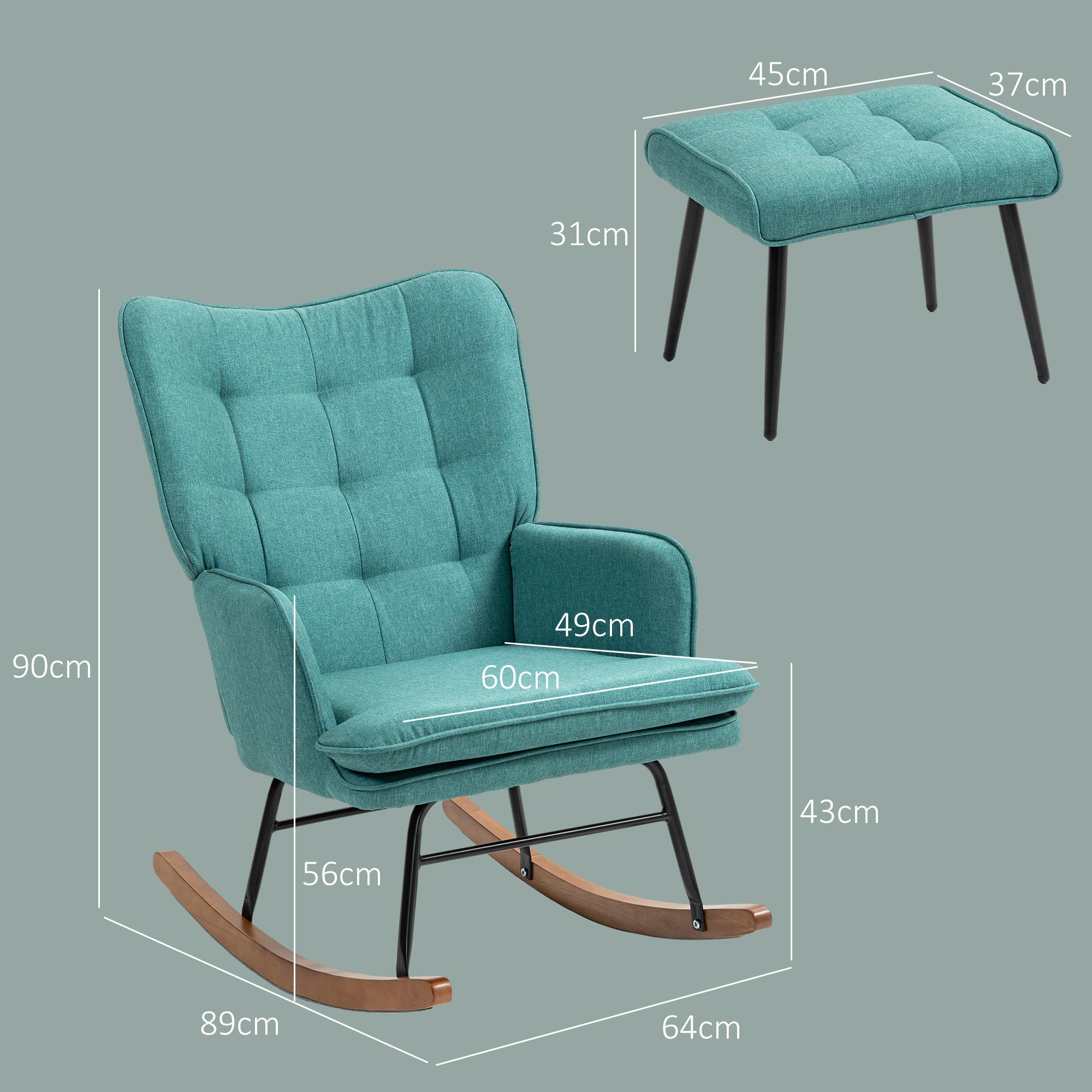 Rocking Chair Rocking Chair with Ottoman, Armchair, Nursing Chair with Linen Look, Rocking Chair up to 130 kg Weight Capacity for Bedroom, Living Room, Dark Green