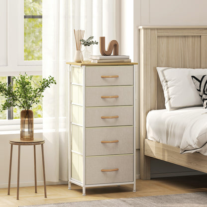5-Drawer Fabric Dresser with Hooks & Side Pockets, Steel Frame – Beige
