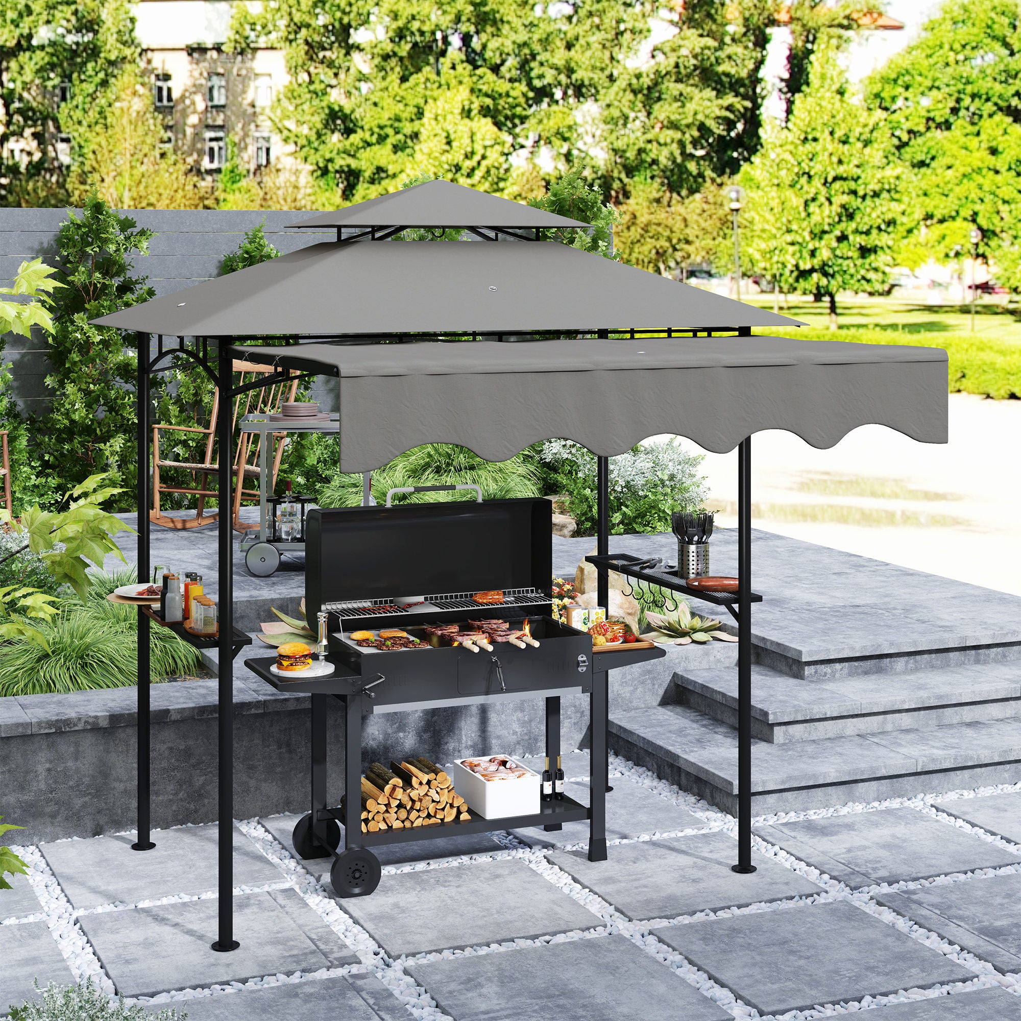 BBQ Gazebo 242 x 149 x 248 cm (95.3" x 58.7" x 97.6") — Water-Resistant, Flame-Retardant Double-Layer Roof, Side Shelves, UV30+, Gray
