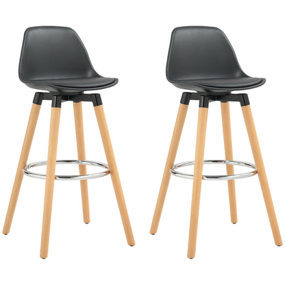 Set of 2 High Kitchen Stools Seat Height 69 cm Bar Stools High Chairs Upholstered in PU with Backrest Wooden Legs for Dining Room Black
