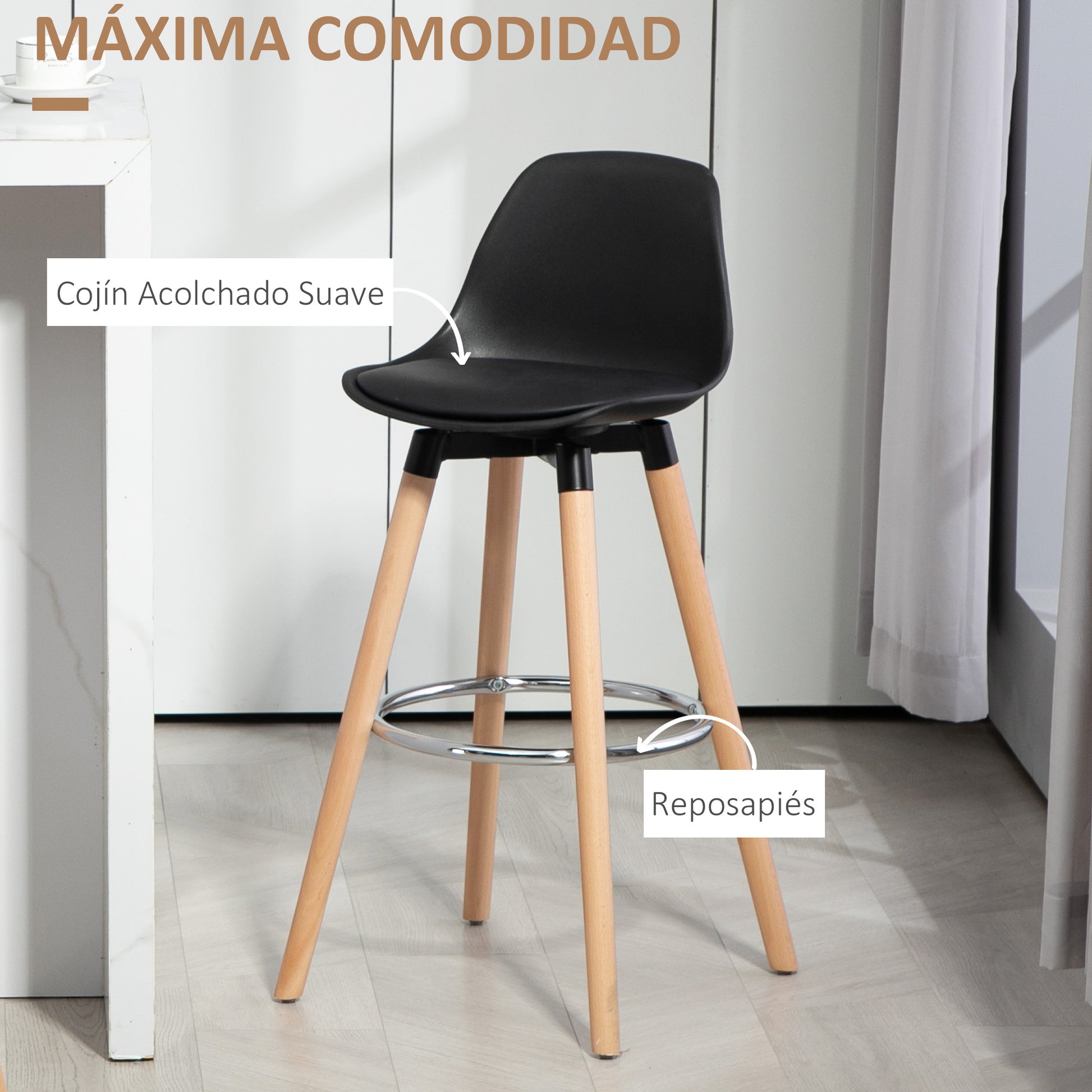 Set of 2 High Kitchen Stools Seat Height 69 cm Bar Stools High Chairs Upholstered in PU with Backrest Wooden Legs for Dining Room Black