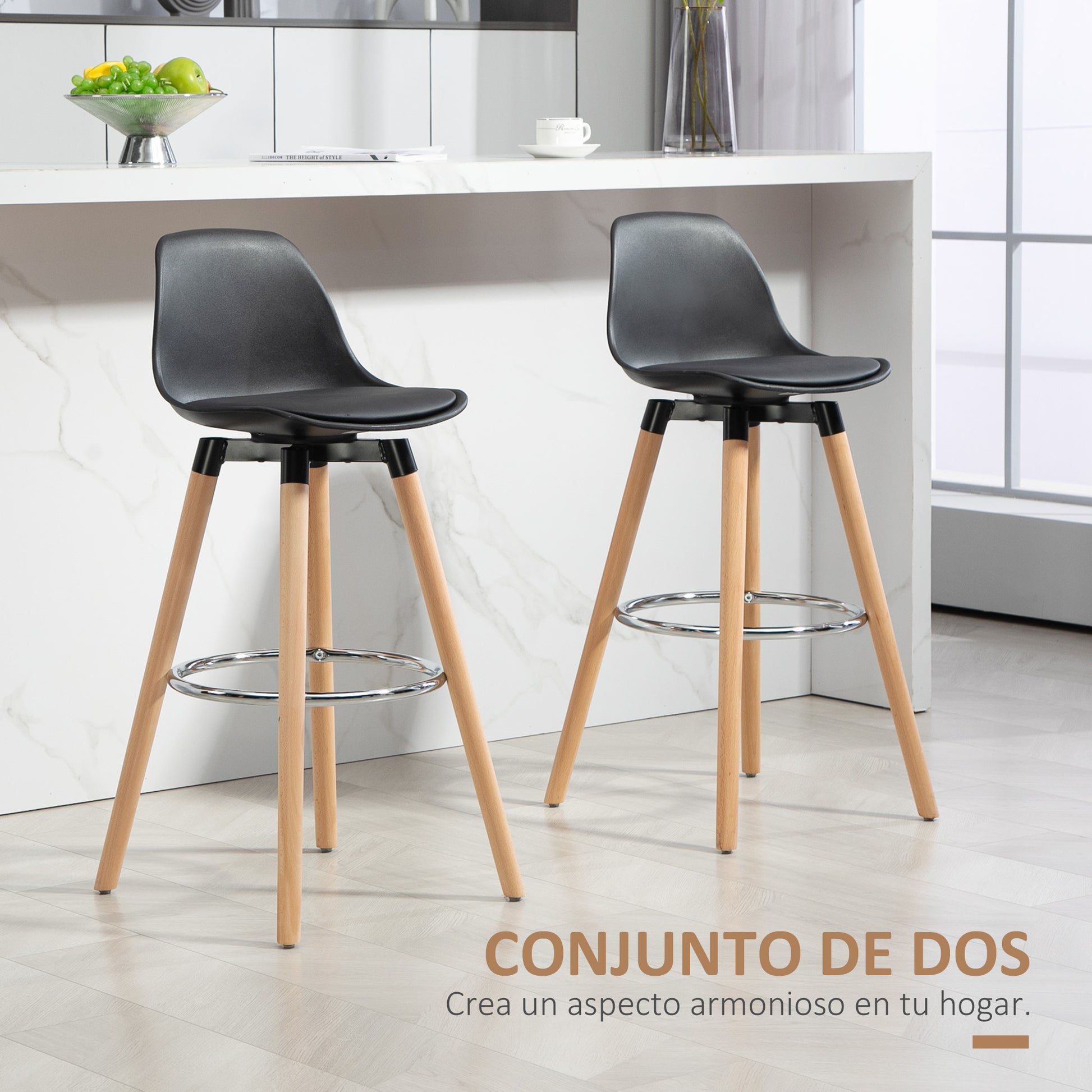 Set of 2 High Kitchen Stools Seat Height 69 cm Bar Stools High Chairs Upholstered in PU with Backrest Wooden Legs for Dining Room Black