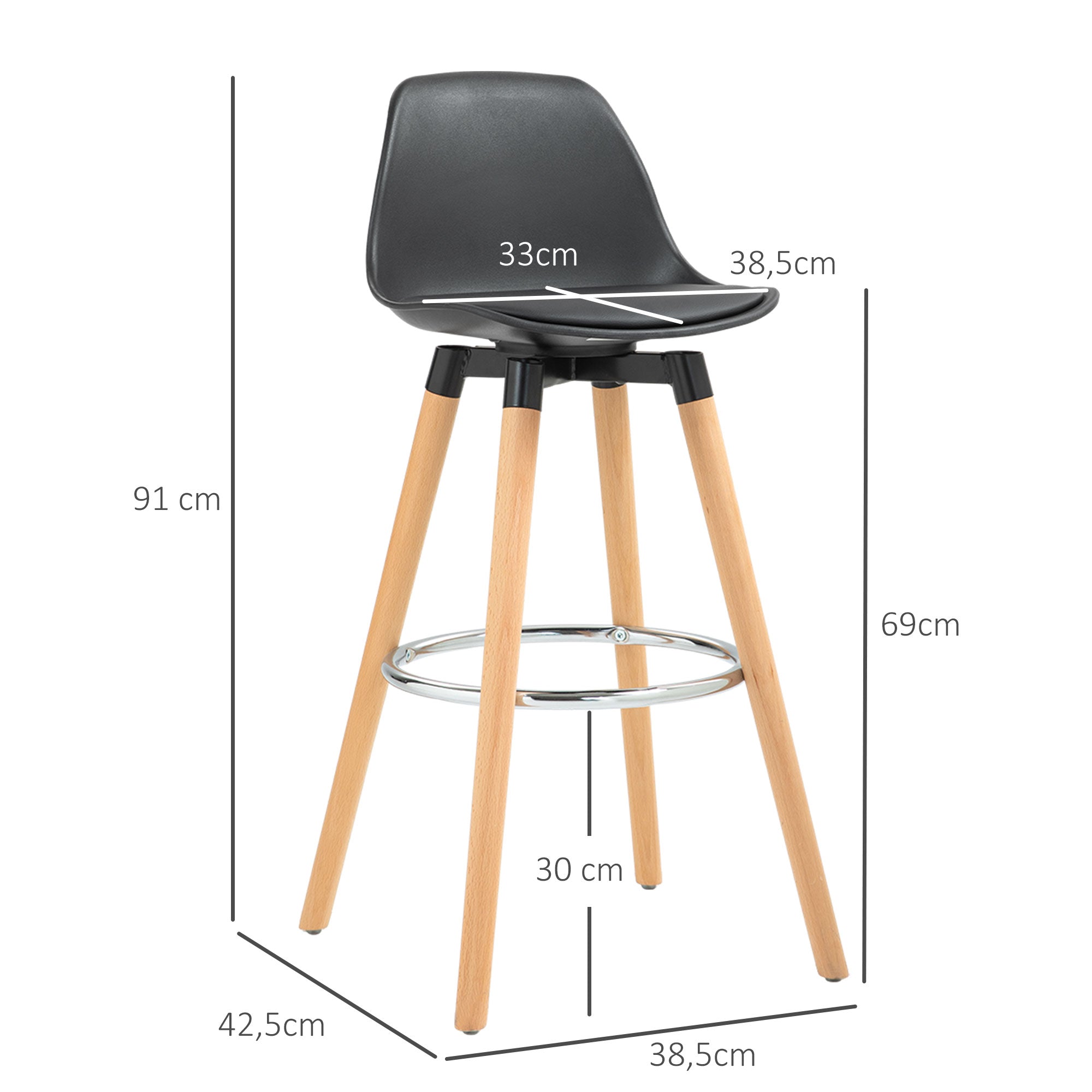 Set of 2 High Kitchen Stools Seat Height 69 cm Bar Stools High Chairs Upholstered in PU with Backrest Wooden Legs for Dining Room Black