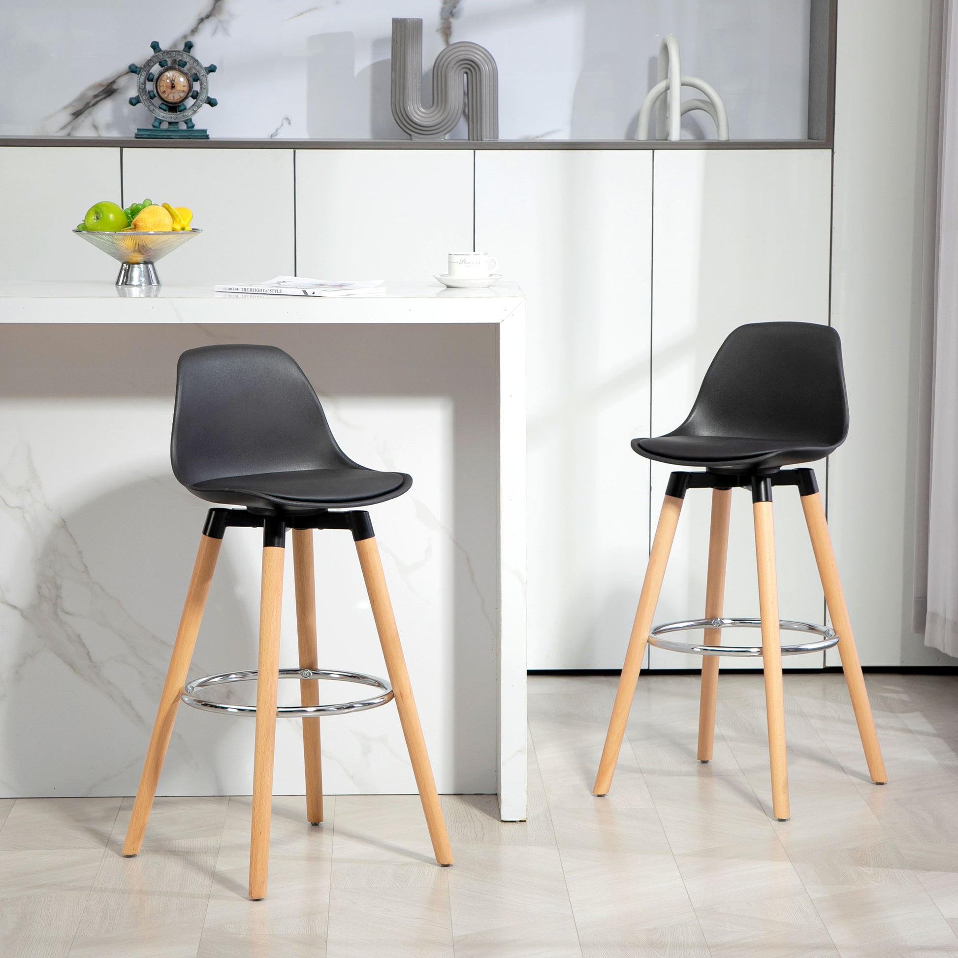 Set of 2 High Kitchen Stools Seat Height 69 cm Bar Stools High Chairs Upholstered in PU with Backrest Wooden Legs for Dining Room Black