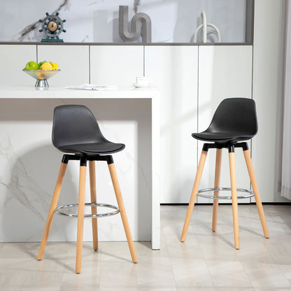 Set of 2 High Kitchen Stools Seat Height 69 cm Bar Stools High Chairs Upholstered in PU with Backrest Wooden Legs for Dining Room Black