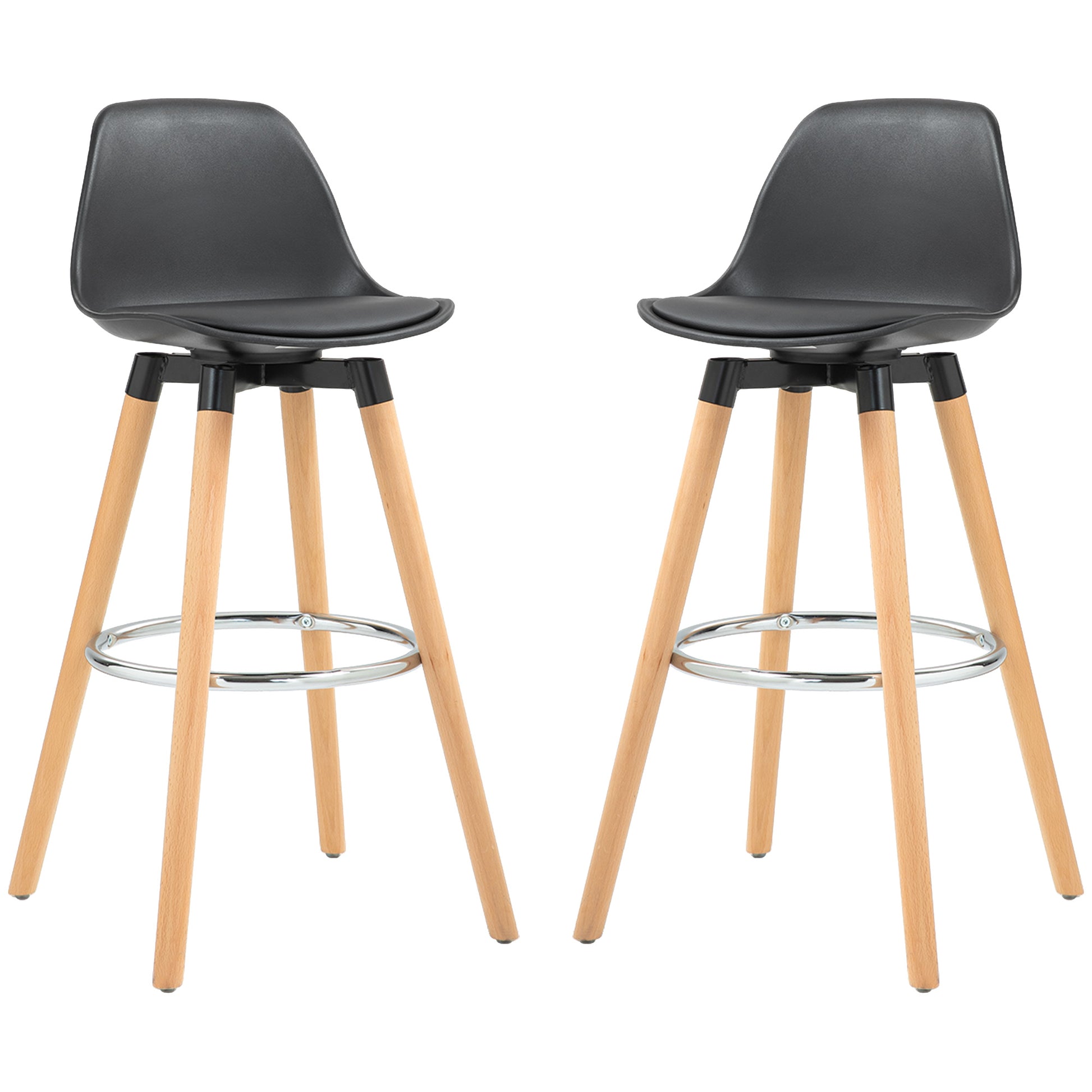 Set of 2 High Kitchen Stools Seat Height 69 cm Bar Stools High Chairs Upholstered in PU with Backrest Wooden Legs for Dining Room Black