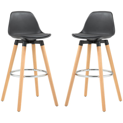 Set of 2 High Kitchen Stools Seat Height 69 cm Bar Stools High Chairs Upholstered in PU with Backrest Wooden Legs for Dining Room Black