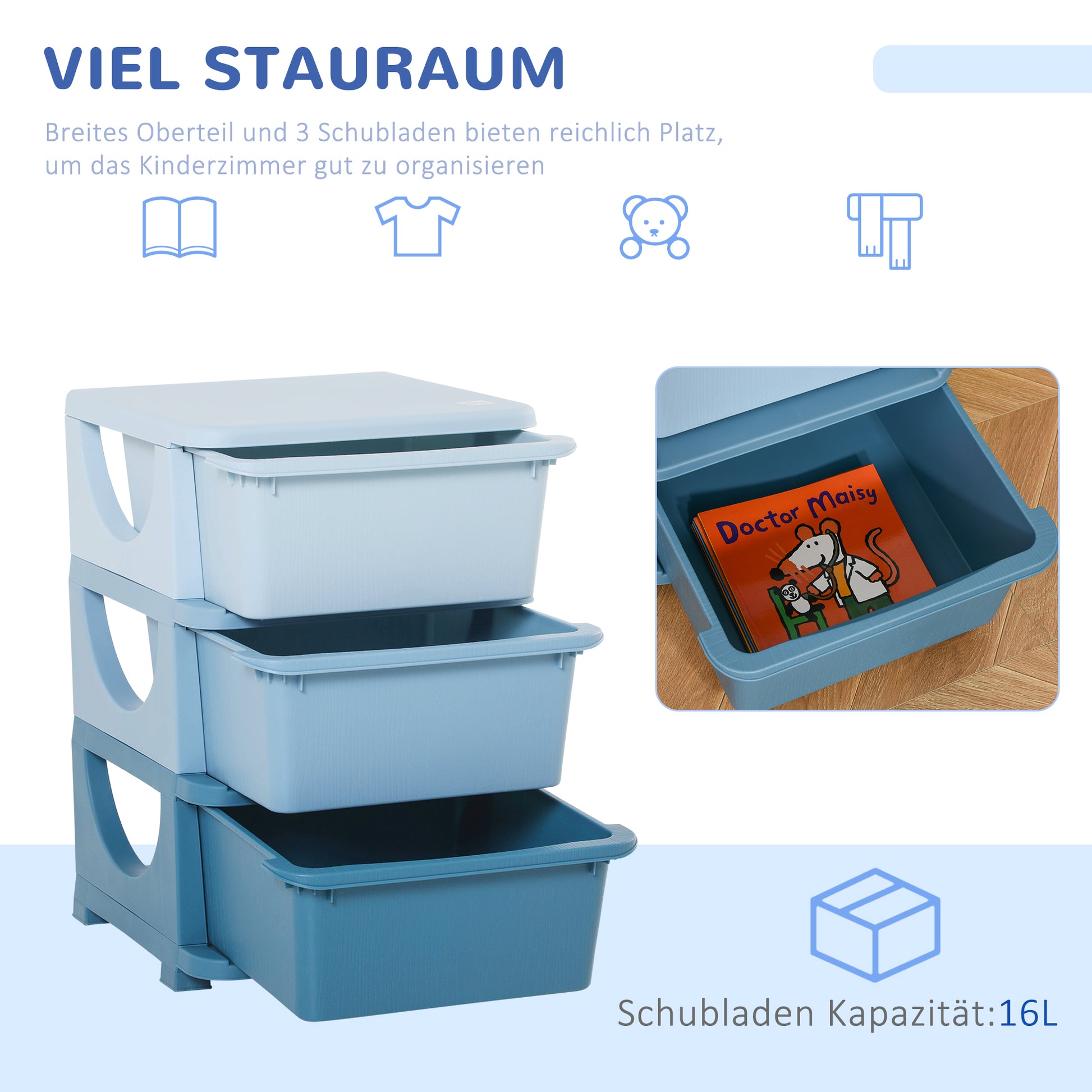 Drawer Cabinet for Kids with Storage Space Storage Boxes Toy Organizer Toy Chest Three Levels for Children's Room 3-6 Years Children's Furniture Blue 37 x 37 x 56.5 cm