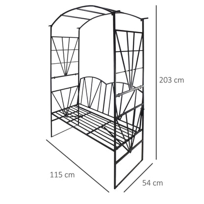 2 Seater Garden Arch with Bench, Garden Rose Arch for Climbing Plants, Flowers - Wedding Ceremony Decoration, dim. 115L x 54W x 203H cm black