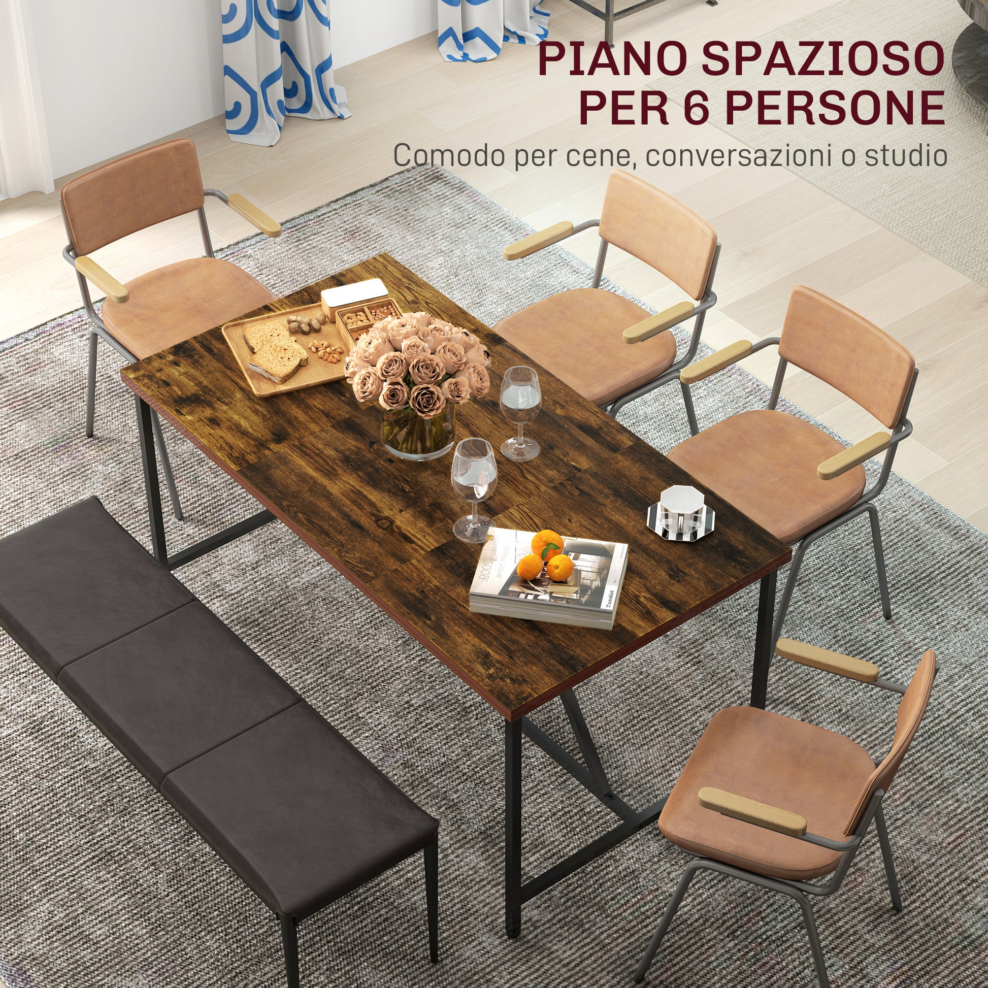Rectangular Dining Table for 6 People, Industrial Style Kitchen Table with Adjustable Wood and Steel Legs, for Dining Room, Living Room, and Study, 150x80x75 cm, Brown