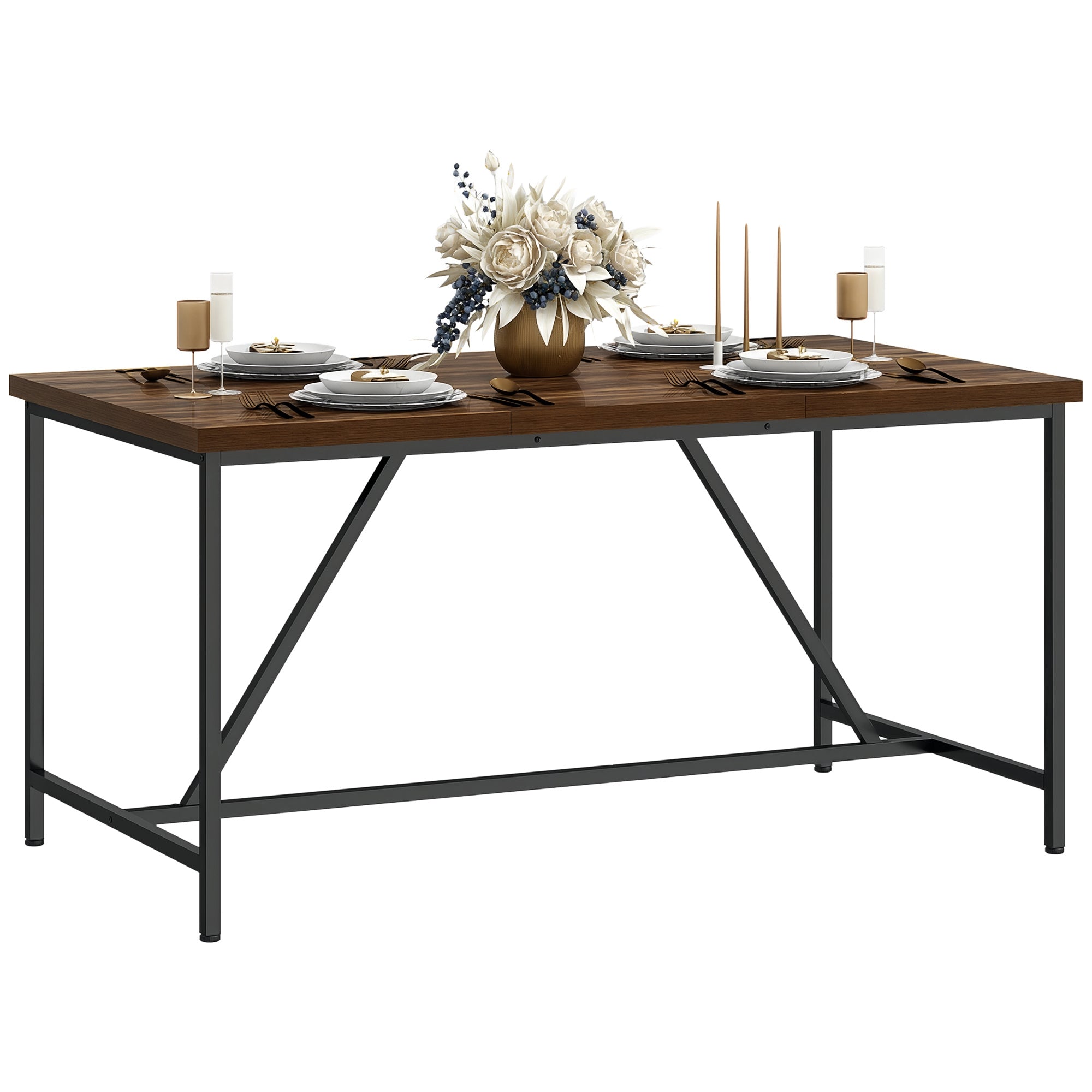 Rectangular Dining Table for 6 People, Industrial Style Kitchen Table with Adjustable Wood and Steel Legs, for Dining Room, Living Room, and Study, 150x80x75 cm, Brown