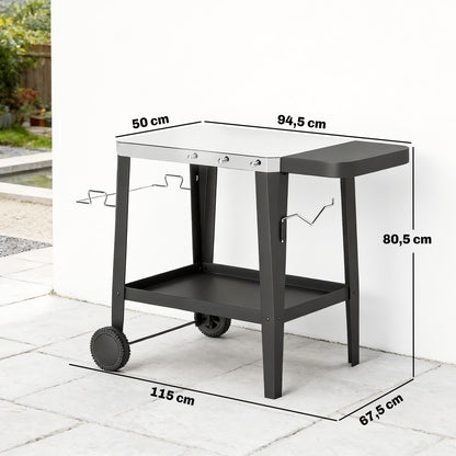 Stainless Steel Kitchen & BBQ Cart with Wheels, Foldable Side Table, Paper Towel & Towel Holder, Hooks — Black (45.3" x 26.6" x 31.7")