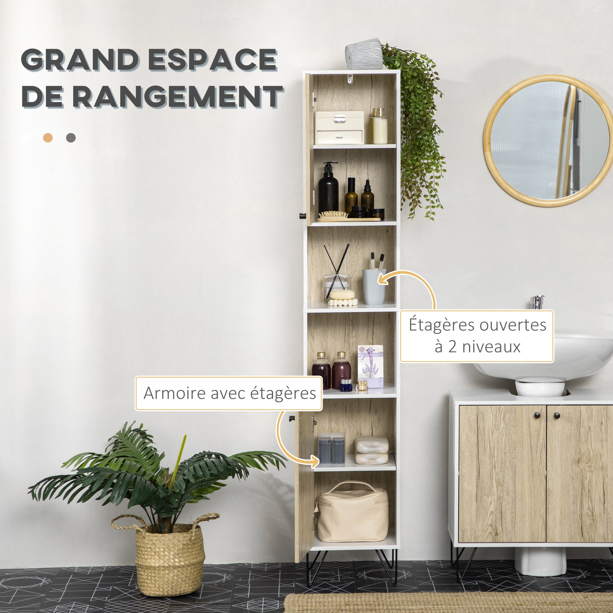Bathroom Column Cabinet High Toilet Cabinet Hairpin Leg with 2 Closed Cupboards with Shelf and 2 Open Niches - 30 x 31.5 x 169 cm