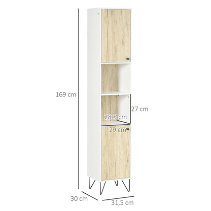 Bathroom Column Cabinet High Toilet Cabinet Hairpin Leg with 2 Closed Cupboards with Shelf and 2 Open Niches - 30 x 31.5 x 169 cm
