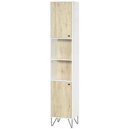 Bathroom Column Cabinet High Toilet Cabinet Hairpin Leg with 2 Closed Cupboards with Shelf and 2 Open Niches - 30 x 31.5 x 169 cm