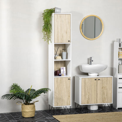 Bathroom Column Cabinet High Toilet Cabinet Hairpin Leg with 2 Closed Cupboards with Shelf and 2 Open Niches - 30 x 31.5 x 169 cm