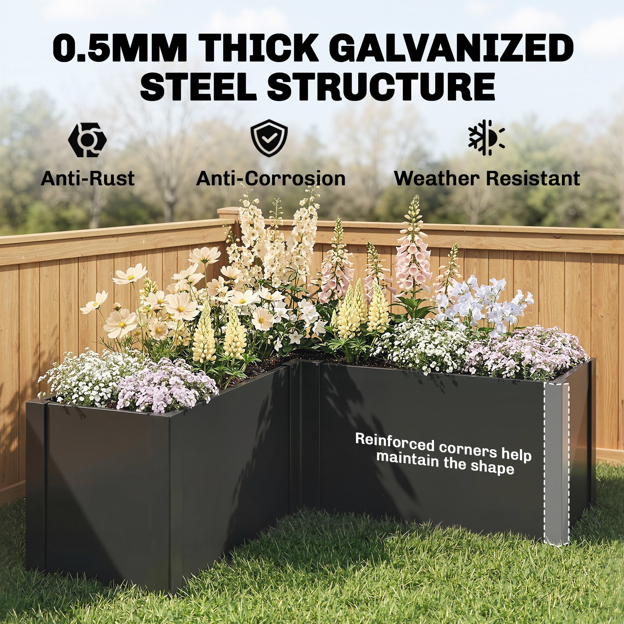 L-Shaped Galvanized Steel Raised Garden Bed – Weatherproof Corner Planter for Patio & Garden, 59 x 59 x 21.7 in (150 x 150 x 55 cm)