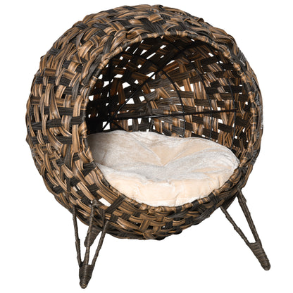 Cat House made of Rattan with Cushion Cat Bed Cat Cave with Elevated Feet Brown Ø52 x 58 cm