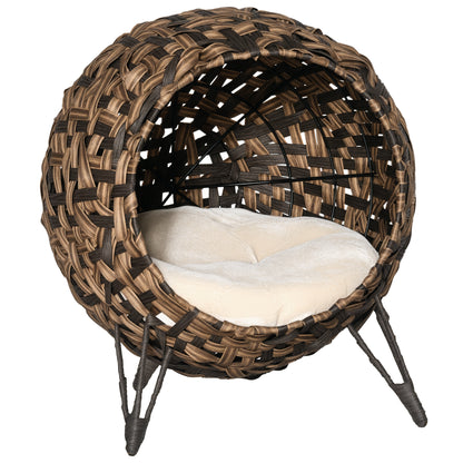 Cat House made of Rattan with Cushion Cat Bed Cat Cave with Elevated Feet Brown Ø52 x 58 cm