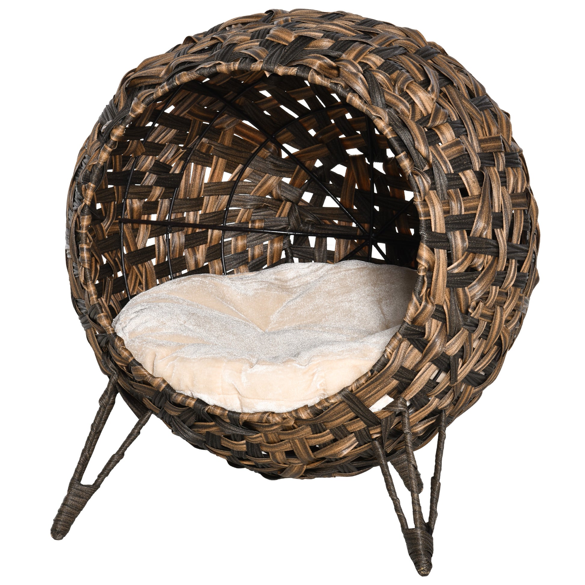 Cat House made of Rattan with Cushion Cat Bed Cat Cave with Elevated Feet Brown Ø52 x 58 cm
