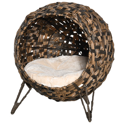 Cat House made of Rattan with Cushion Cat Bed Cat Cave with Elevated Feet Brown Ø52 x 58 cm