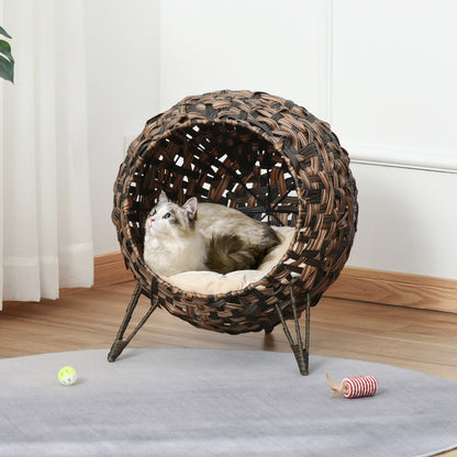 Cat House made of Rattan with Cushion Cat Bed Cat Cave with Elevated Feet Brown Ø52 x 58 cm