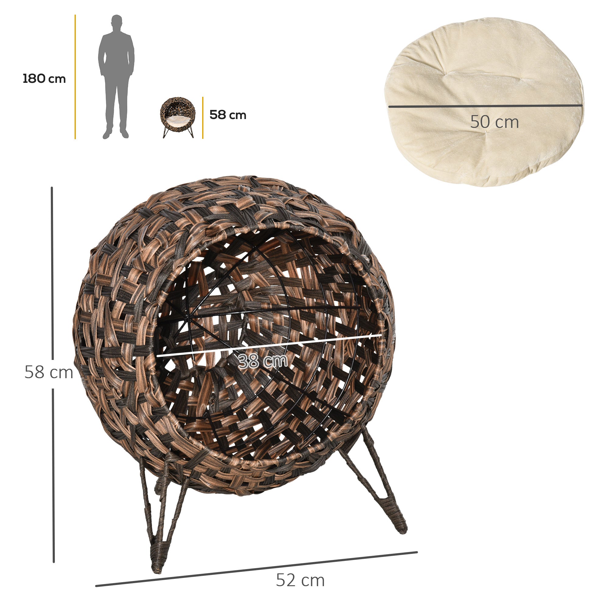 Cat House made of Rattan with Cushion Cat Bed Cat Cave with Elevated Feet Brown Ø52 x 58 cm