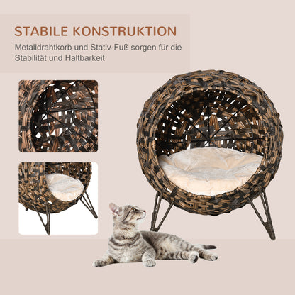 Cat House made of Rattan with Cushion Cat Bed Cat Cave with Elevated Feet Brown Ø52 x 58 cm