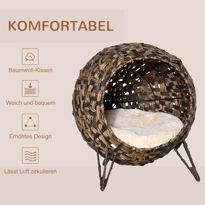 Cat House made of Rattan with Cushion Cat Bed Cat Cave with Elevated Feet Brown Ø52 x 58 cm