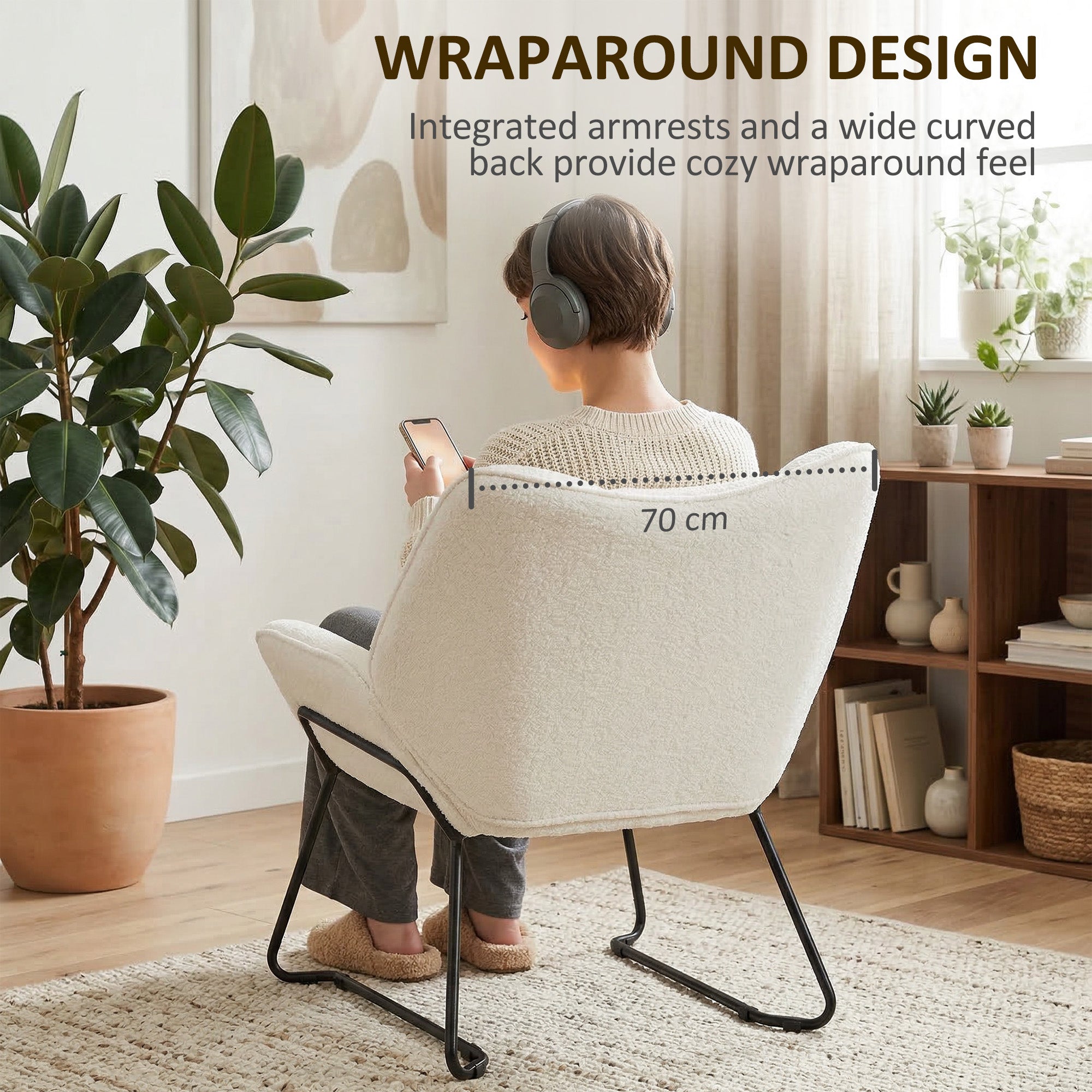 Sherpa-Fleece Lounge Chair — Modern Armchair with Armrests, Wide Back & Steel Legs, White