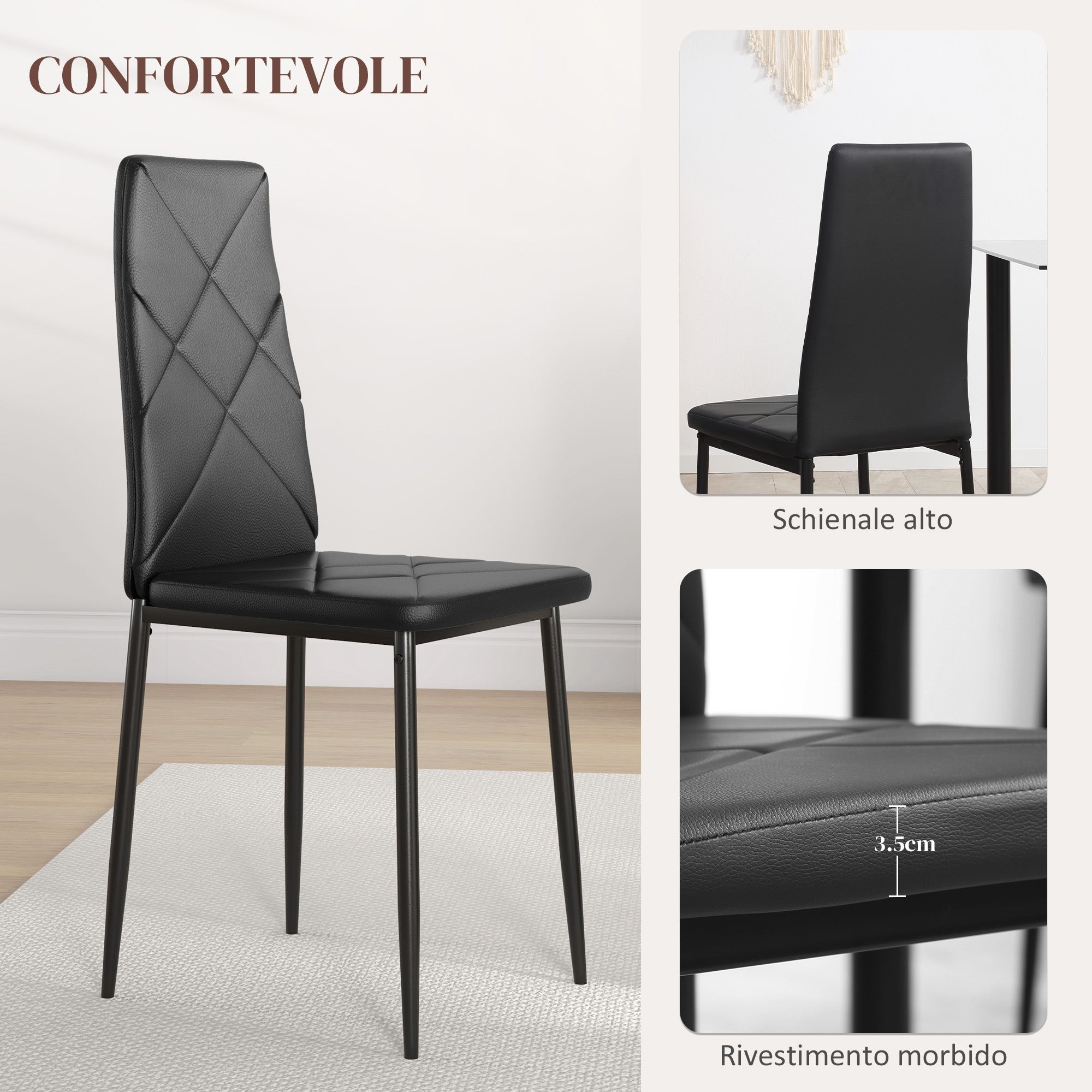Set of 2 Upholstered Dining Chairs with High Back, Kitchen Chairs in Faux Leather Diamond Stitching with Non-Slip Feet and Steel Legs for Dining Room, 41x50x97 cm, Black