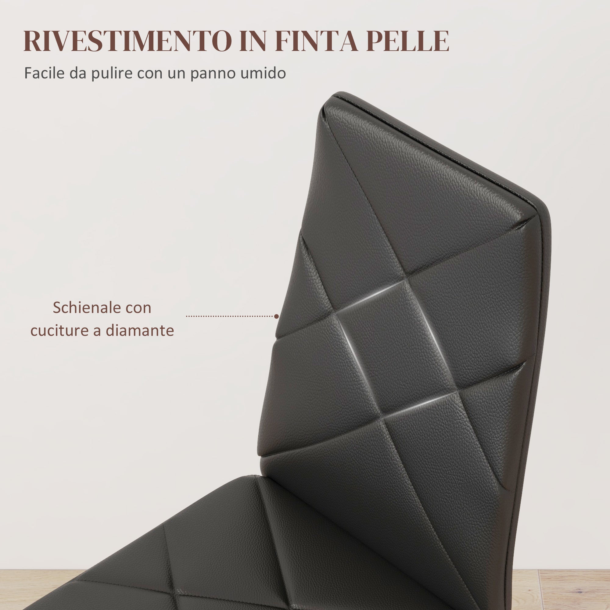 Set of 2 Upholstered Dining Chairs with High Back, Kitchen Chairs in Faux Leather Diamond Stitching with Non-Slip Feet and Steel Legs for Dining Room, 41x50x97 cm, Black