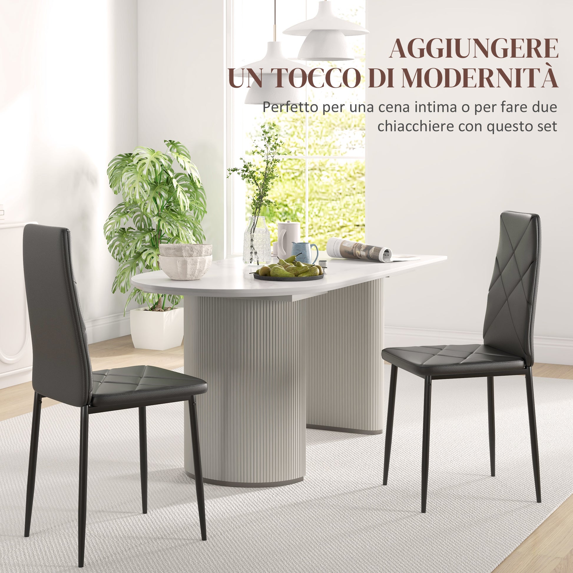 Set of 2 Upholstered Dining Chairs with High Back, Kitchen Chairs in Faux Leather Diamond Stitching with Non-Slip Feet and Steel Legs for Dining Room, 41x50x97 cm, Black