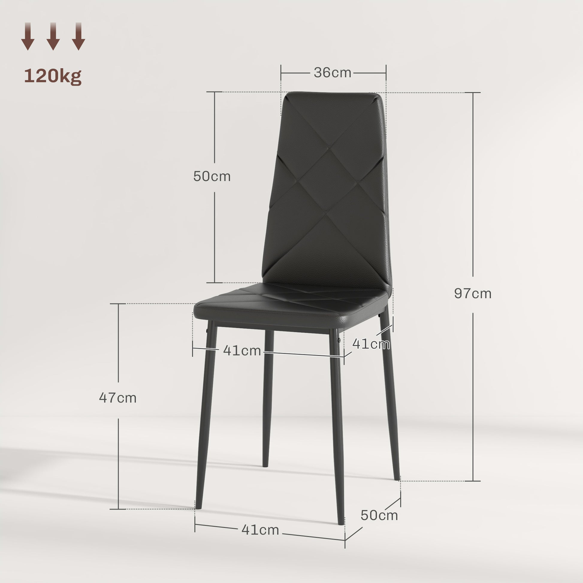 Set of 2 Upholstered Dining Chairs with High Back, Kitchen Chairs in Faux Leather Diamond Stitching with Non-Slip Feet and Steel Legs for Dining Room, 41x50x97 cm, Black