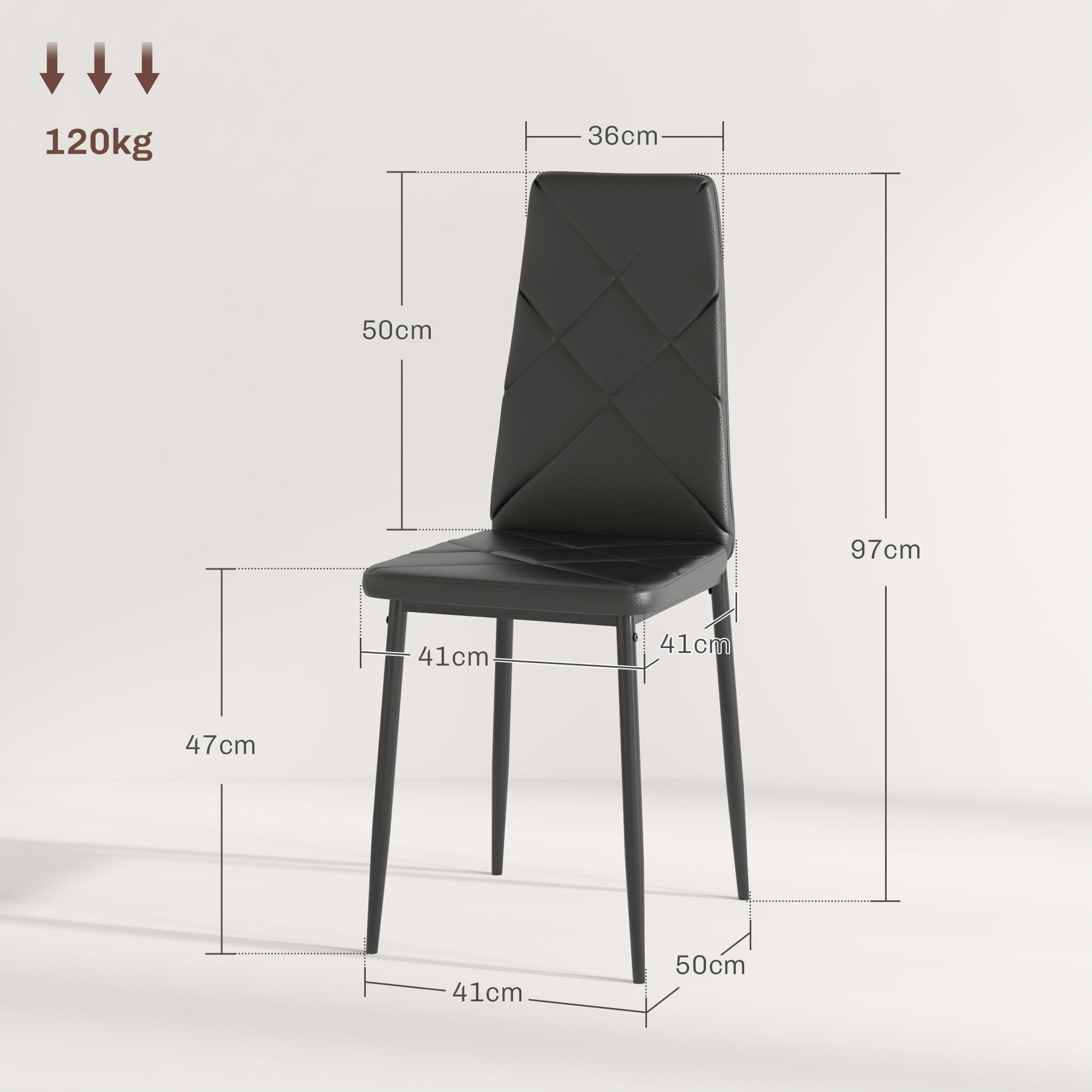 Set of 2 Upholstered Dining Chairs with High Back, Kitchen Chairs in Faux Leather Diamond Stitching with Non-Slip Feet and Steel Legs for Dining Room, 41x50x97 cm, Black