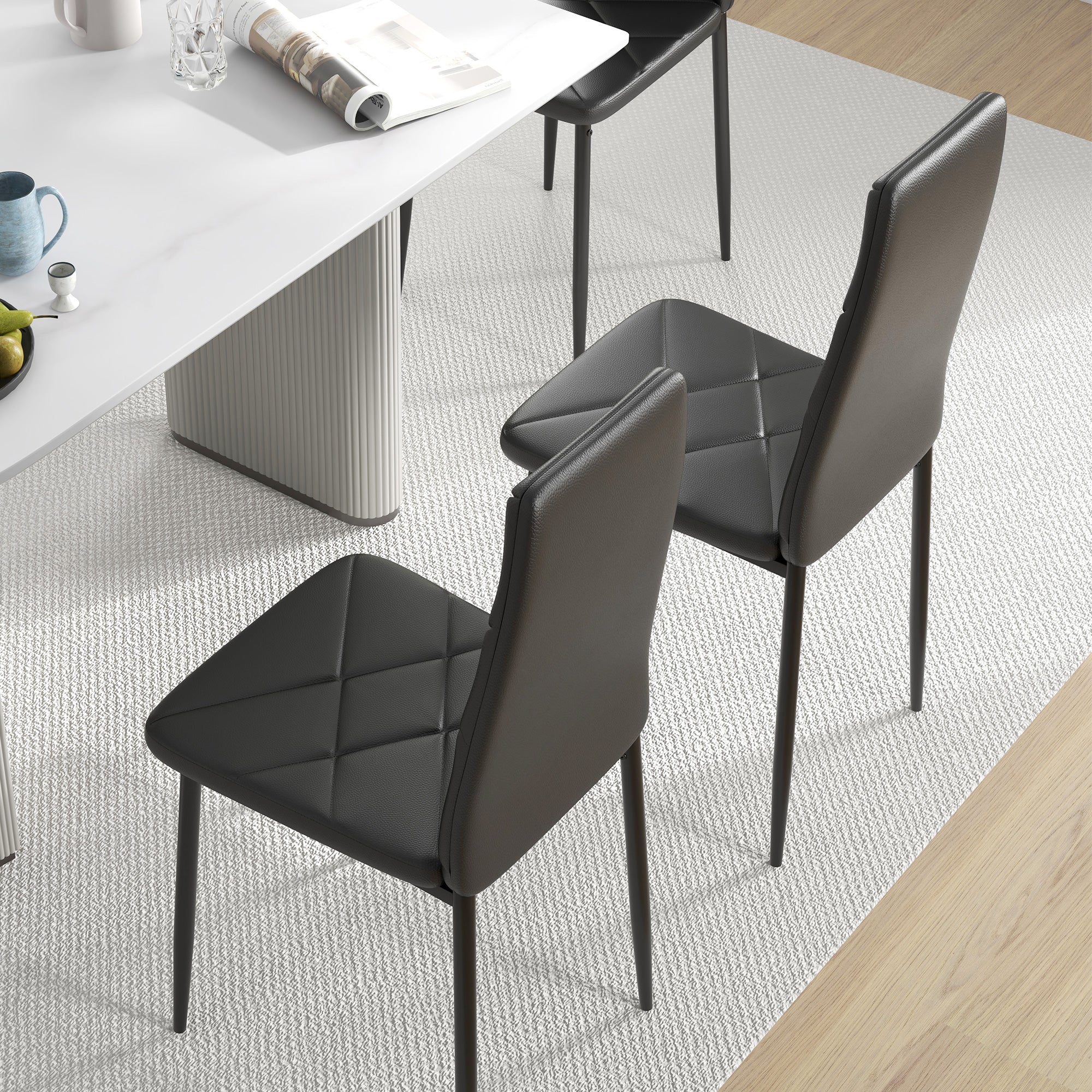 Set of 2 Upholstered Dining Chairs with High Back, Kitchen Chairs in Faux Leather Diamond Stitching with Non-Slip Feet and Steel Legs for Dining Room, 41x50x97 cm, Black