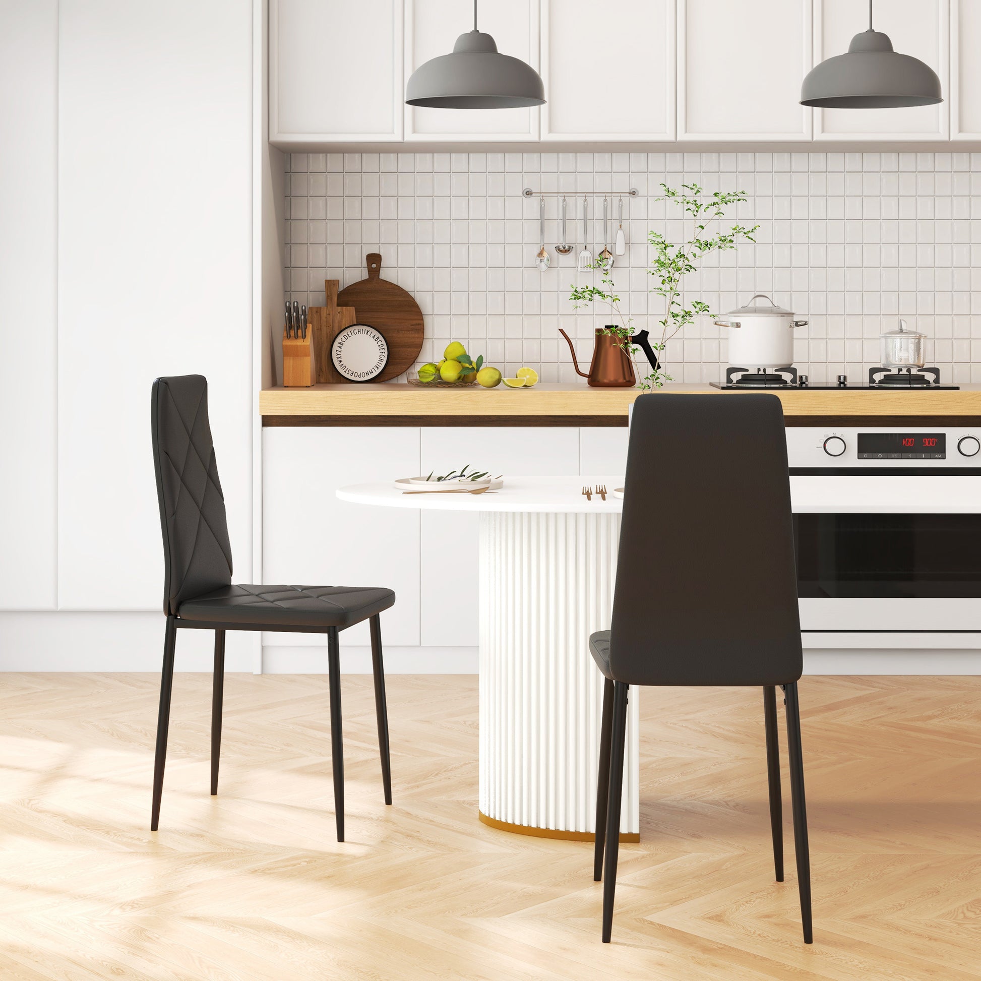 Set of 2 Upholstered Dining Chairs with High Back, Kitchen Chairs in Faux Leather Diamond Stitching with Non-Slip Feet and Steel Legs for Dining Room, 41x50x97 cm, Black