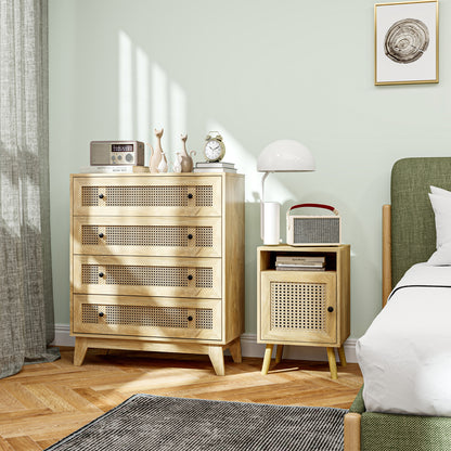 4-Drawer Chest Storage Cabinet with Rattan Cane 80 x 35 x 95 cm Light Wood Finish