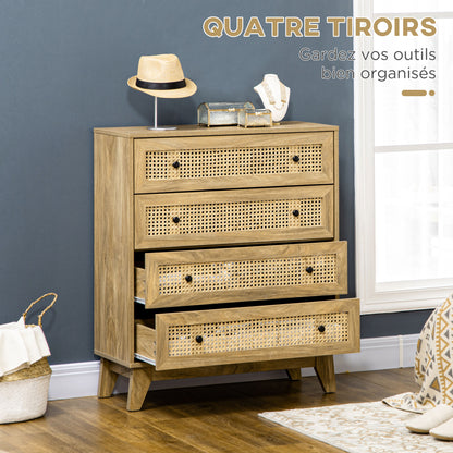 4-Drawer Chest Storage Cabinet with Rattan Cane 80 x 35 x 95 cm Light Wood Finish